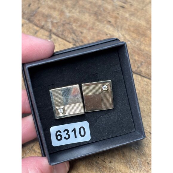 Vintage Gold-Tone Square Cufflinks With Clear Crystal Accents Mens Jewelry - Picture 2 of 7